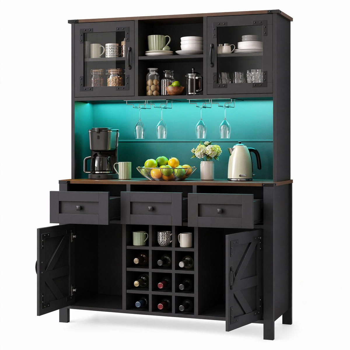 HIGHBOARD in Schwarz Küchenschrank mit LED-Lichtleiste und Schubladen für Küche und Wohnzimmer, B120/T40/H170 cm - Schwarz, Glas/Holzwerkstoff (120/70/40cm) - STILVORA