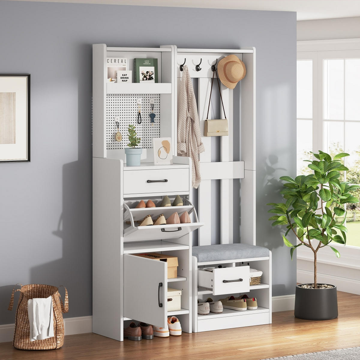 KÜCHENSCHRANK 7-in-1 Multifunktion, mit Schuhbank und Lochwand, Weiß, 110/175,5/35 cm - Weiß, Kunststoff (35/175.5/110cm) - Rolipo