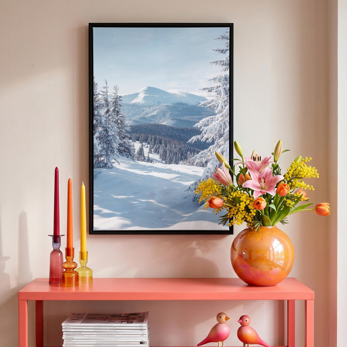 LEINWAND Bilder mit Rahmen - Winterlandschaft - Natur - Berge - Bäume - Schnee - 40x60 - Hellblau, Textil (40/60cm) - MuchoWow