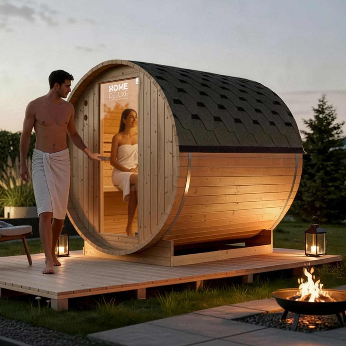 OUTDOOR FASSSAUNA LAHTI - Größe: L - Braun, Holz (189/191.5/180cm) - Home Deluxe