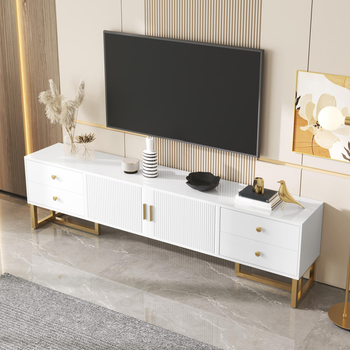 TV-ELEMENT175X30X46CM Weiß mit strukturierten Türen und goldenen Griffen - Weiß, Holz (33/19/47cm) - Raelunyi