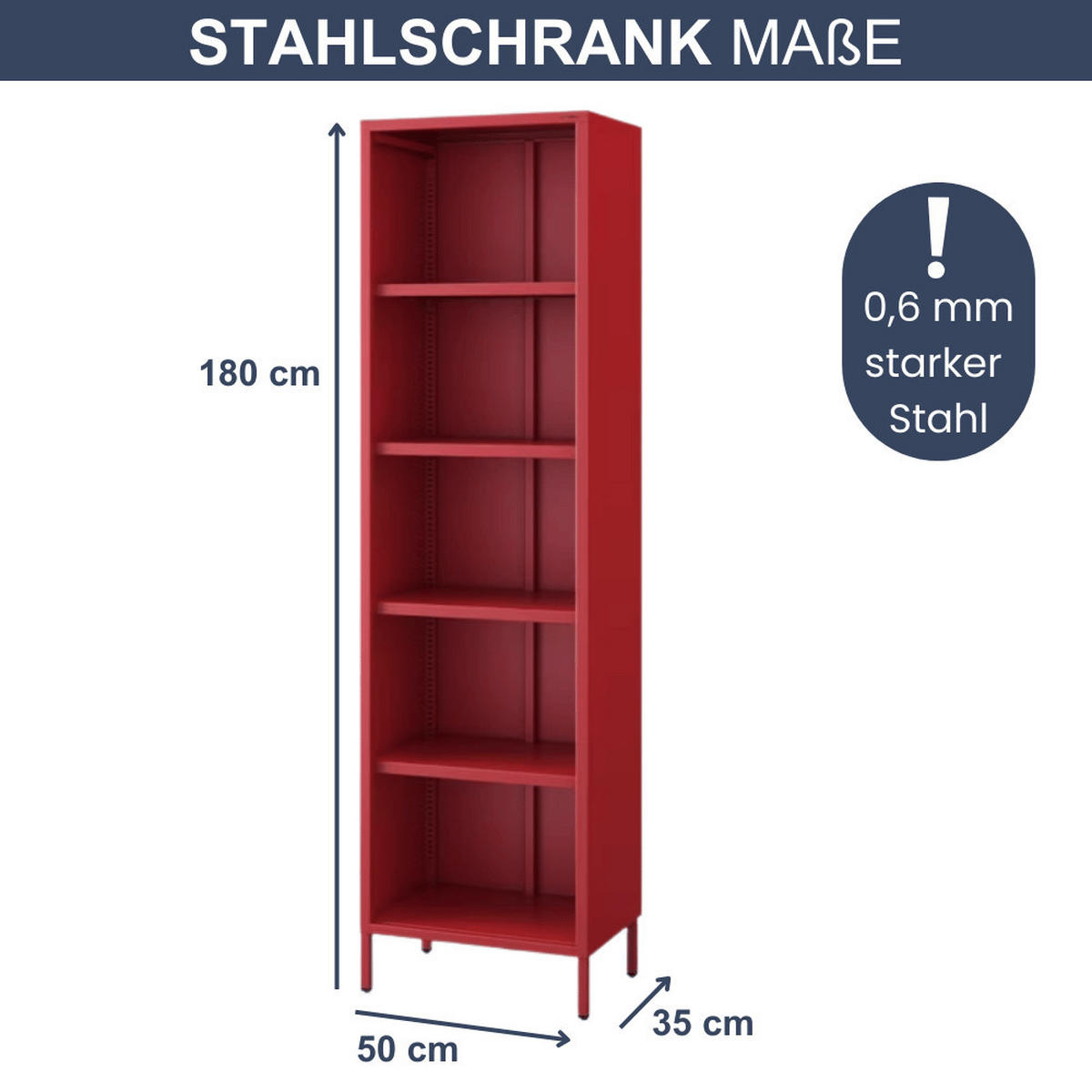 BÜCHERREGAL Metall CLIEN 5 Ebenen 180x50x35cm Rot - Rot, Metall (50/180/35cm) - DELUKE