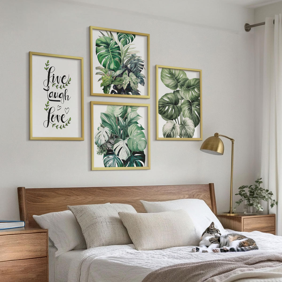 WANDBILDER 4er Set - 50x50 cm & 40x60 cm Goldrahmen - Blattpflanzen leben, lachen, lieben - Goldfarben, Kunststoff (50/50cm) - ArtPrintCave