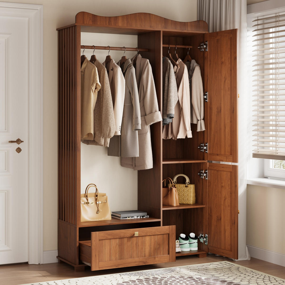 GARDEROBENSCHRANK Spiegel Kleiderstange Schublade - Nussbaumfarben, Holz (115.5/194.5/38.5cm) - LEBENLANG