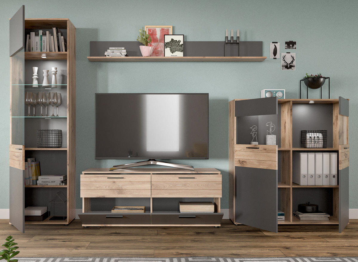 WOHNWAND Eiche, grau 4-teilig 327 cm, Schrankwand mit Soft-Close, Wohn- und Esszimmermöbel - Eichefarben/Schwarz, Glas/Holzwerkstoff (327/200/44cm) - Inn.Furn