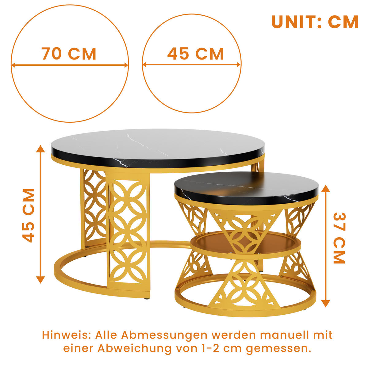 COUCHTISCH in Schwarz Hitzebeständiger Wohnzimmertisch mit Marmor-Optik Platte Sofatisch mit Metallgestell - Goldfarben/Schwarz, Holzwerkstoff/Metall (70/70/45cm) - STILVORA