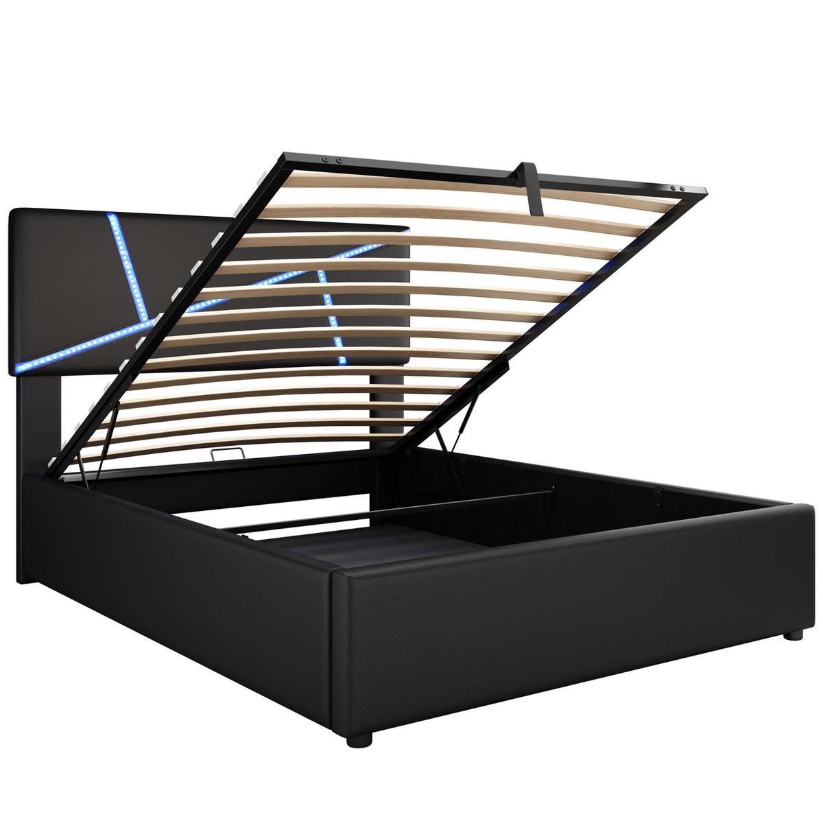 POLSTERBETT 90/200 cm mit LED-Beleuchtung, Lattenrost und hydraulischem Bettkasten, PU-Bezug, Schwarz - Schwarz, Kunststoff (90/200cm) - Redom