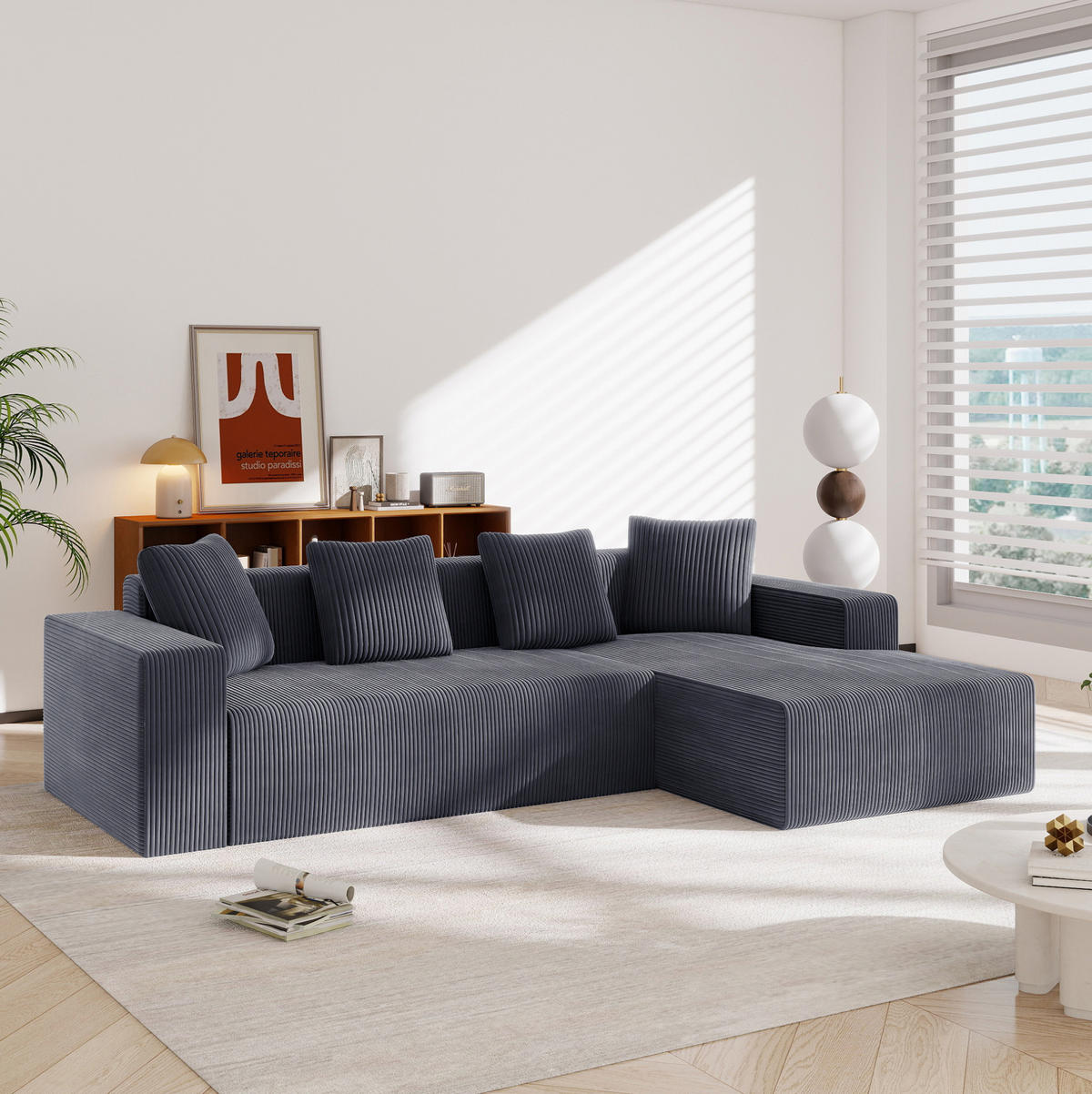 ECKSOFA 261/146/65 cm grau aus Cord mit Liegefunktion - Grau, Textil (146/261cm) - OKWISH