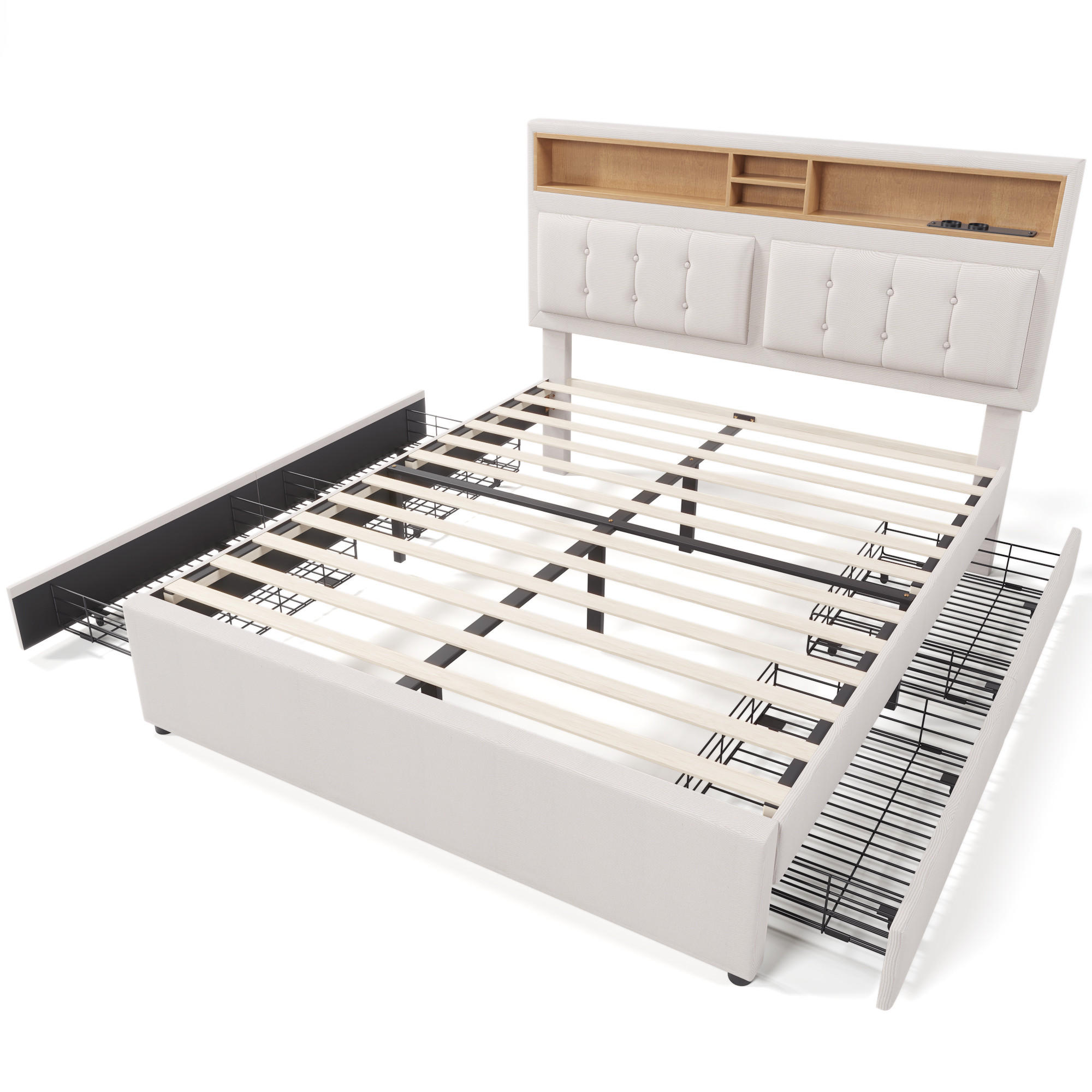 POLSTERBETT 160/200 cm beige mit verstellbarem Kopfteil und 4 Schubladen - Beige, Textil (160/200cm) - OKWISH