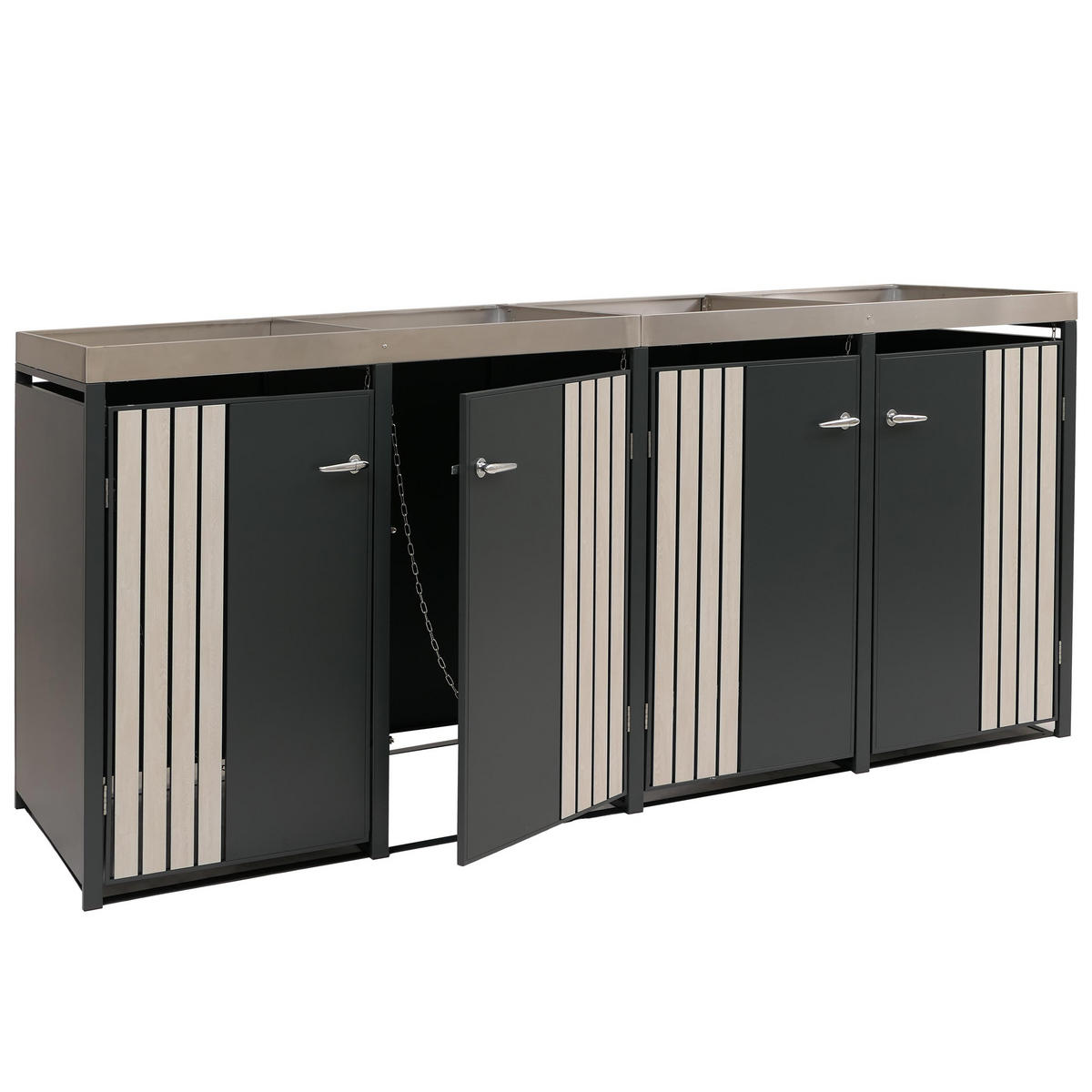 MÜLLTONNENBOX 4er mit Pflanzkasten HxBxT 125x260x84cm Anthrazit Holzoptik hell - Anthrazit, Metall (260/125/84cm) - PROREGAL