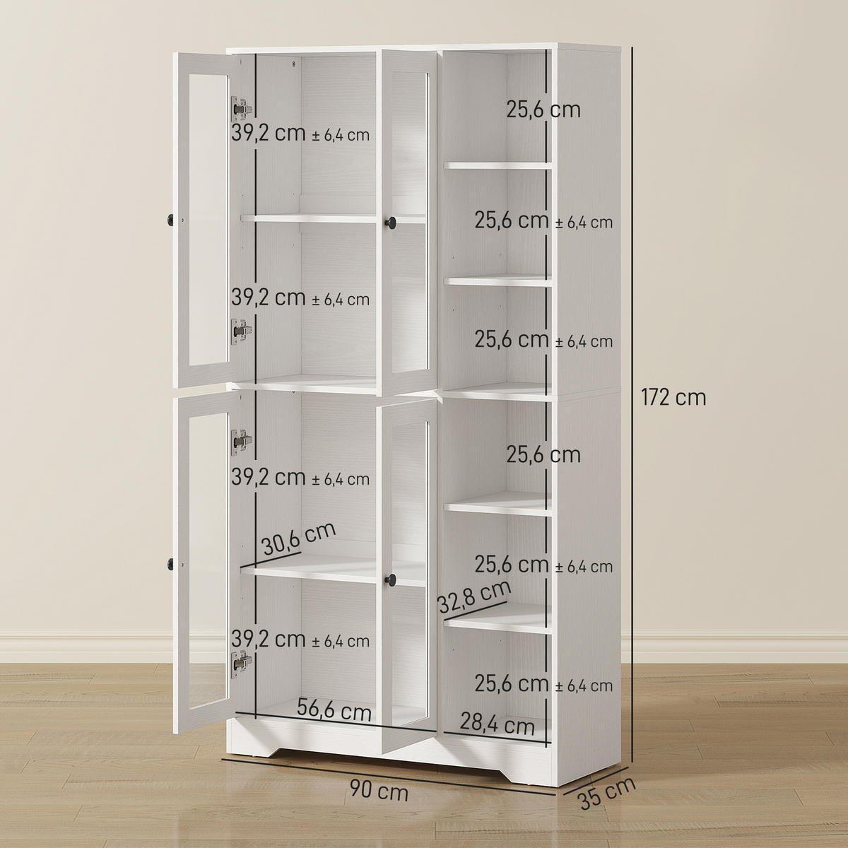 KÜCHENSCHRANK Buffetschrank mit 4 Soft-Close-Glastüren 6 offenen Fächern Weiß - Schwarz/Weiß, Holzwerkstoff/Metall (35/172/90cm) - HOMCOM