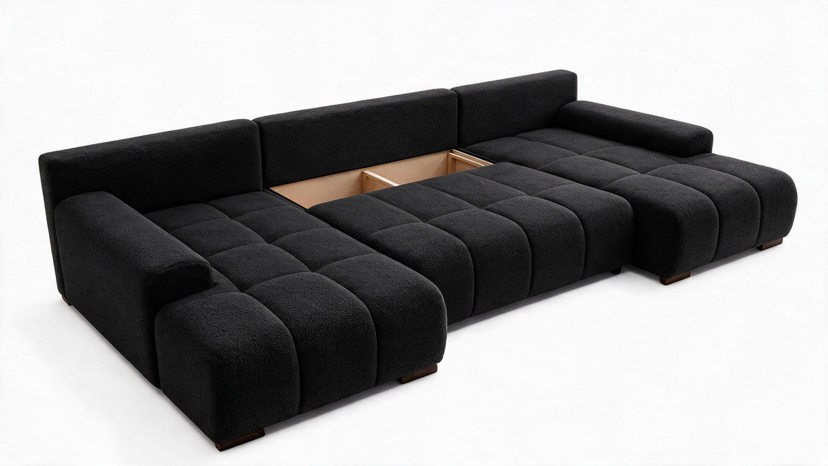 WOHNLANDSCHAFT OVIA U mit Bettkasten und Schlaffunktion, Bouclé-Stoff in U-Form - Schwarz, Textil (350/80/185cm)