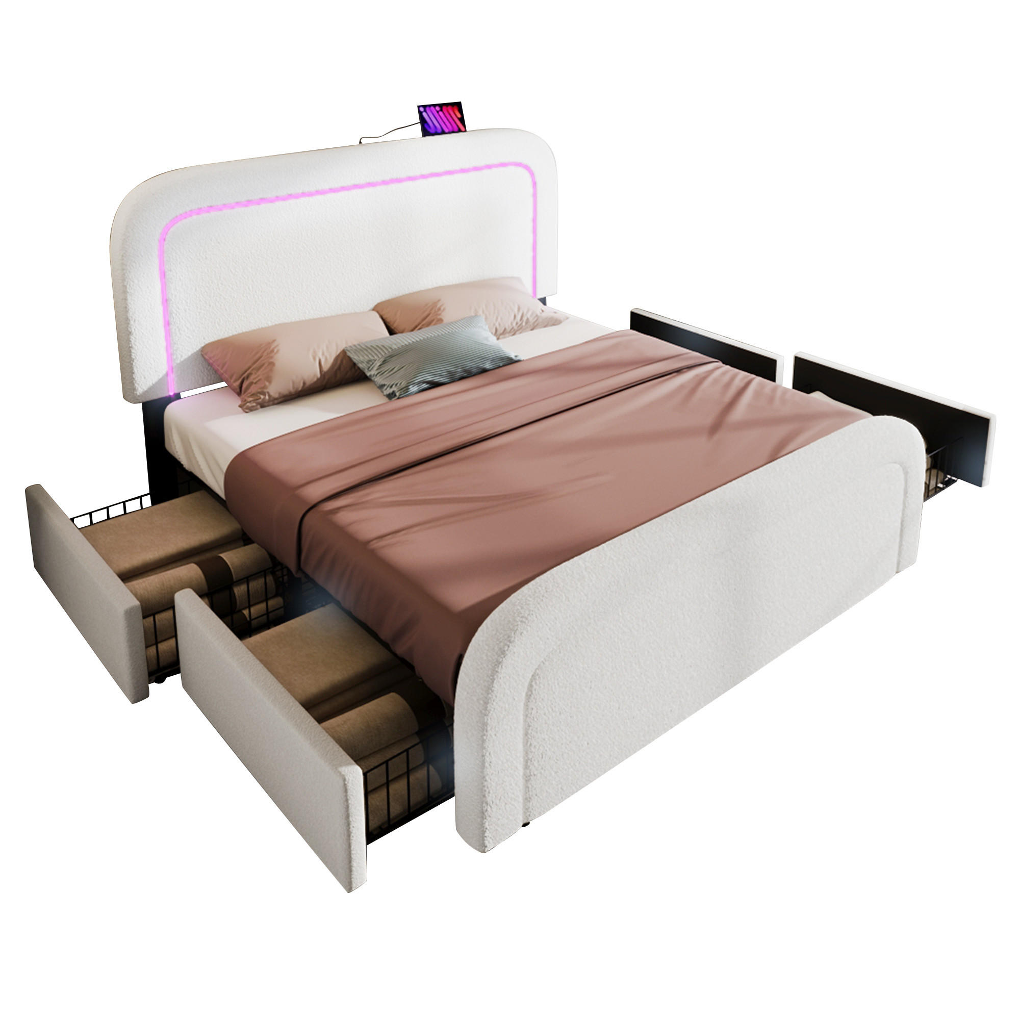 WISHDOR ČALOUNĚNÁ postel 140×200 cm v bílé barvě se 4 zásuvkami, LED a USB Type-C
