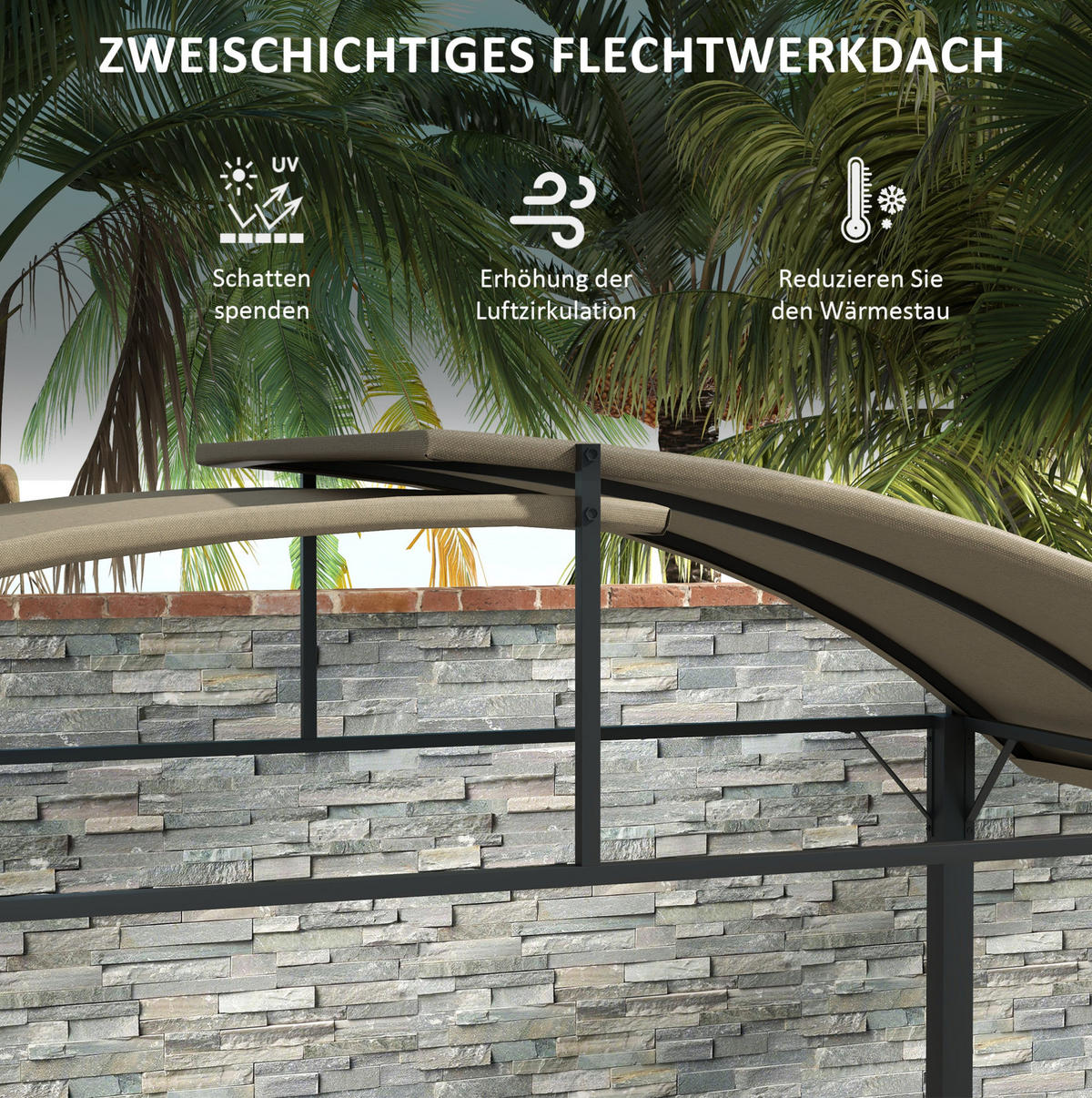 GRILLPAVILLON 233/110/235 cm mit Doppeldach, Seitenablagen und 7 Haken, Khaki - Braun, Metall (110/235/233cm) - Redom