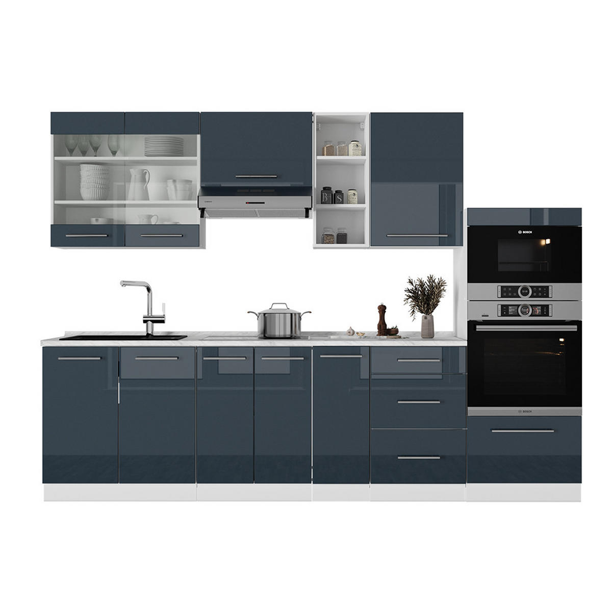 KÜCHENZEILE Fame-Line Dunkelblau Hochglanz/Weiß 280 cm ohne AP - Dunkelblau/Weiß, Holzwerkstoff (280/81.6/46cm) - Vicco