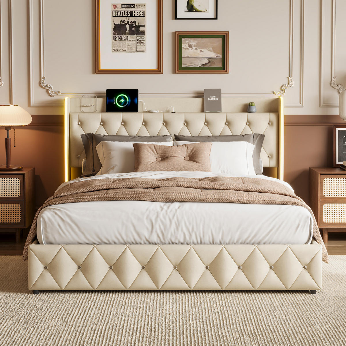 POLSTERBETT 160x200 cm in Beige mit LED-Beleuchtung und Stauraum aus Samt - Beige, Holz/Metall (160/200cm) - PARAFTA HOME