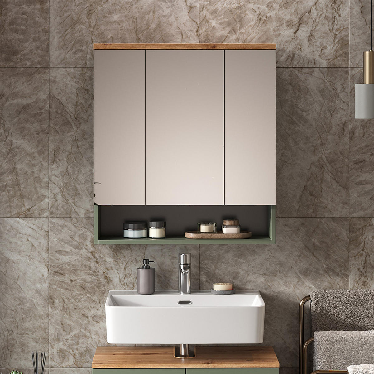 BADSPIEGELSCHRANK Eden Grün/Artisan 70 x 77.5 cm mit 3 Spiegeltüren - Hellgrau/Grün, Holzwerkstoff (70/77.5/21.7cm) - Vicco