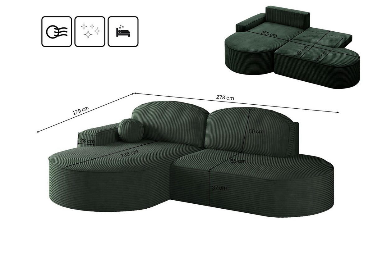 ECKSOFA mit Schlaffunktion und Bettkasten Modena Runden stoff Poso Grün Links - Grün, Holz/Textil (179/278cm) - Kaiser Möbel