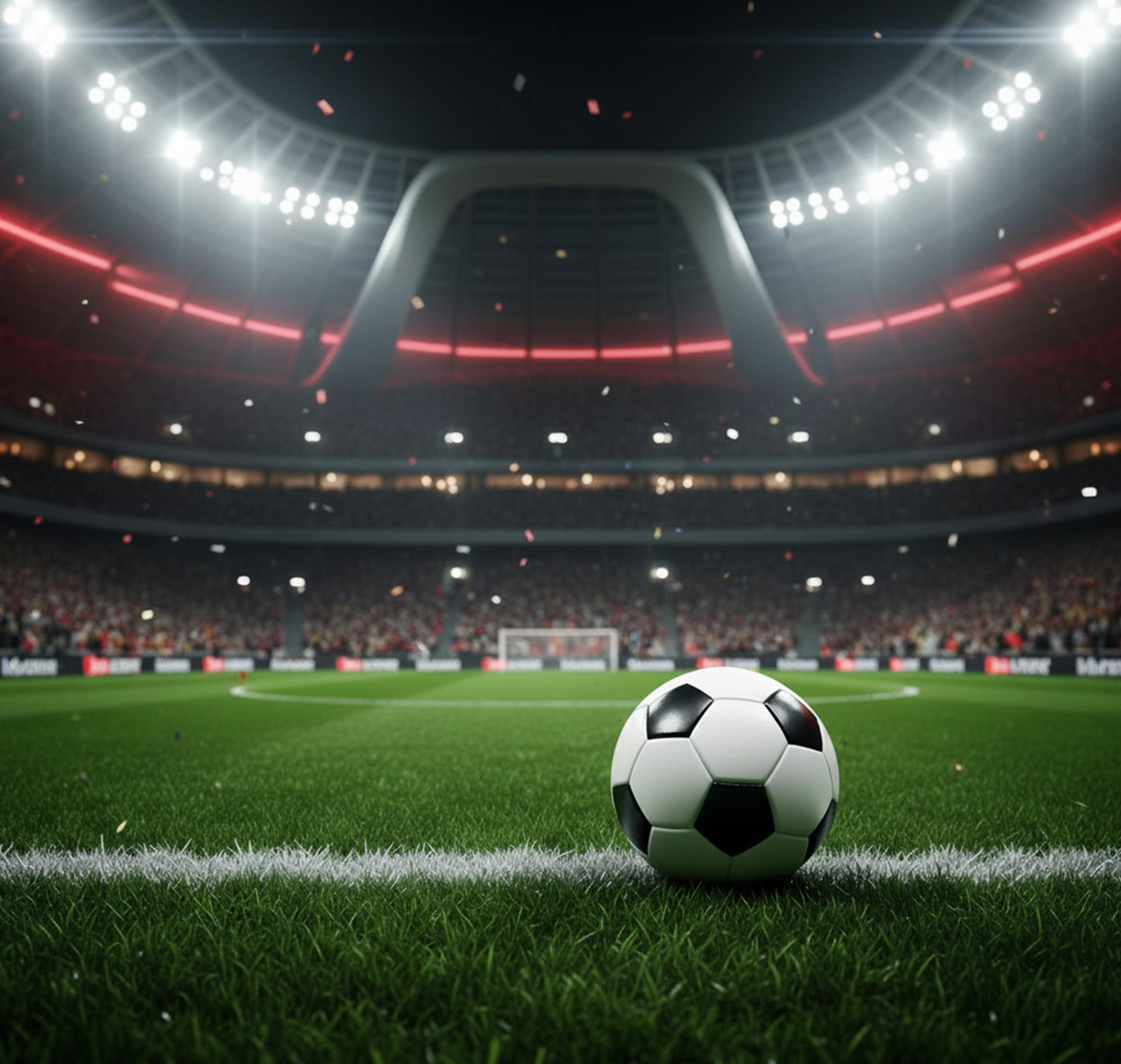 Ein Fußball liegt im Vordergrund auf dem grünen Rasen an einer weißen Seitenlinie; im Hintergrund leuchtet ein großes Stadion unter Flutlicht, Konfetti fällt herab.
