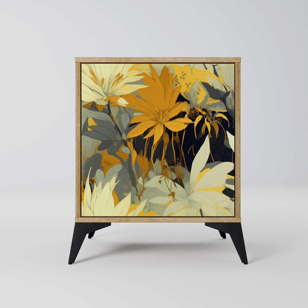 SIDEBOARD SUNKISSED LILY, Eichefarben, 57,5x42x70,5 cm, Schwarze Metall-Sternfüße - Eichefarben/Multicolor, Holzwerkstoff/Metall (57.5/70.5/42cm) - SpaceRebels