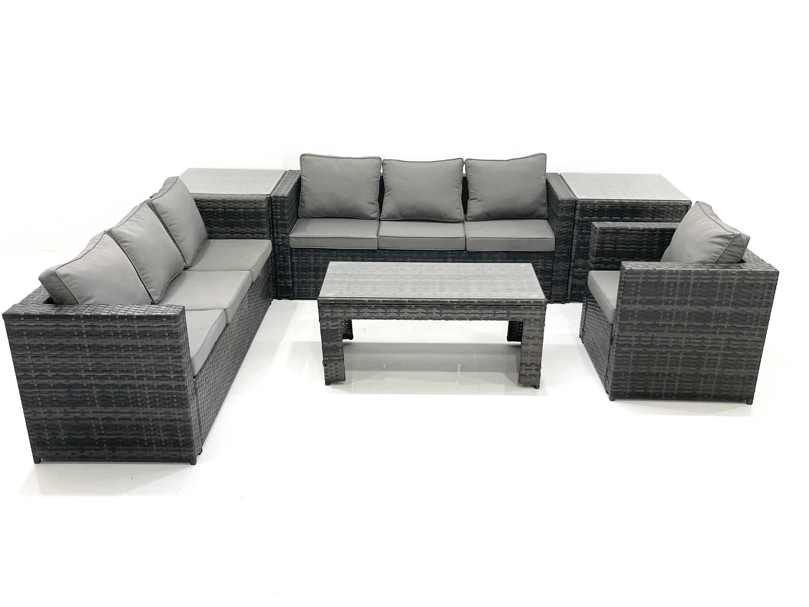 GARTENMÖBEL-SET COUCHTISCH SESSEL SOFA mit HOCKER Polyrattan Dunkelgrau Gemischt 7-Sitzer - Dunkelgrau/Grau, Glas/Kunststoff - Fimous