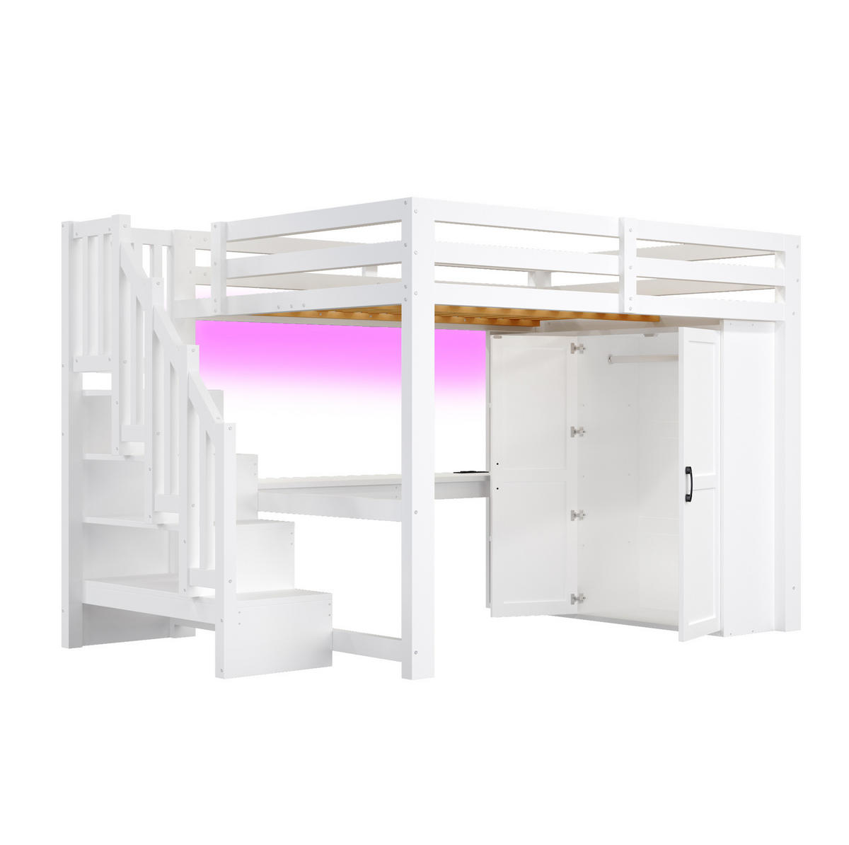HOCHBETT aus Kiefernholz 140x200 cm Weiß mit Schreibtisch, Kleiderschrank, Stauraumtreppe, LED und USB - Weiß, Holzwerkstoff (140/200cm) - IVMEU