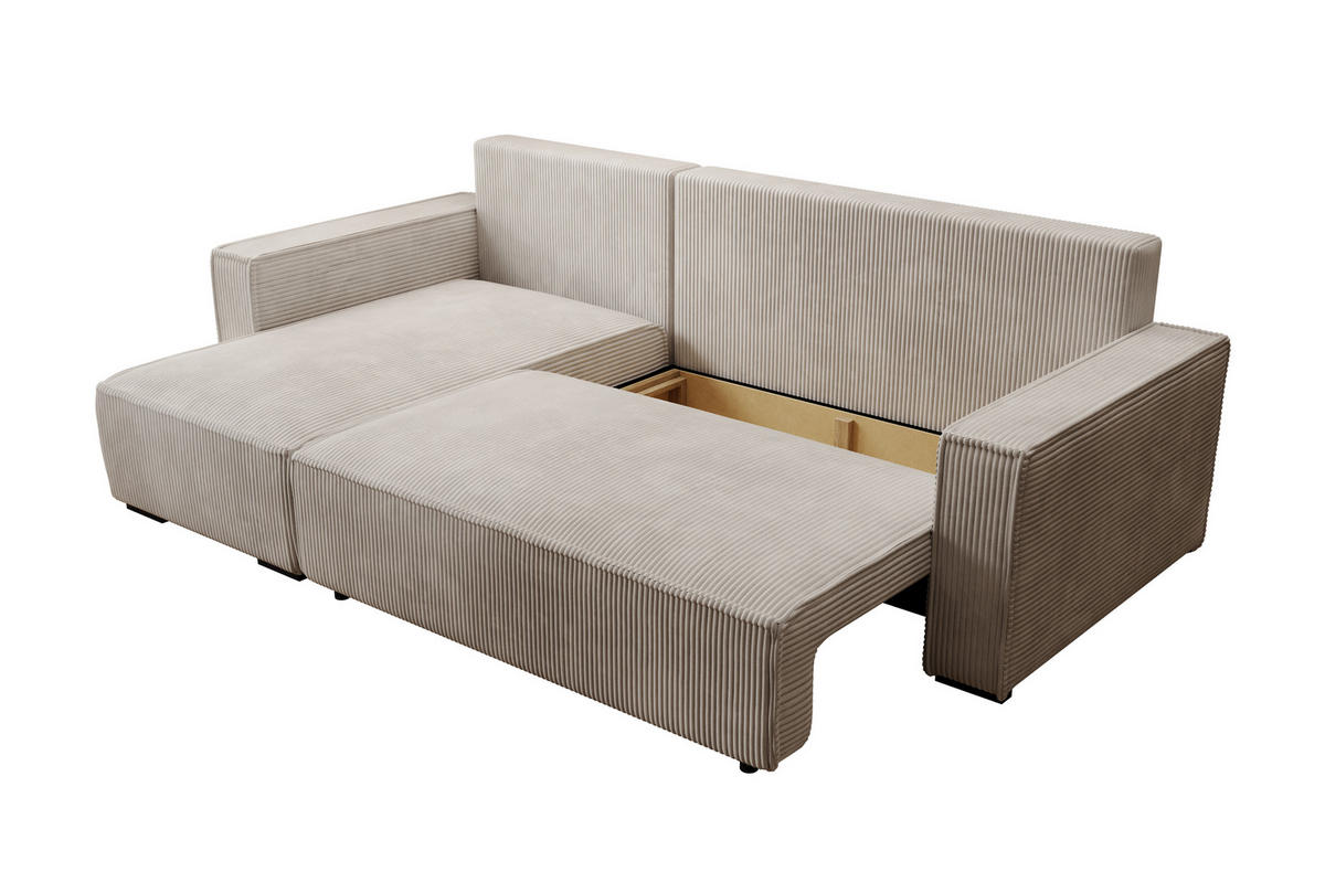 ECKSOFA CUDDY L, Eckcouch in L-Form mit Schlaffunktion und Bettkasten, Farbe: Hellgrau, Cordstoff, Ottomane Links - Hellgrau, Textil (240/140cm) - Storez24