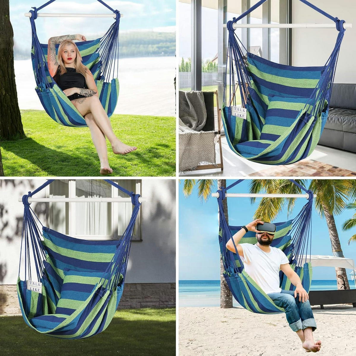 HÄNGESESSEL Blau/Grün mit 2 Sitzkissen - Multicolor, Textil (100/1.5/150cm)