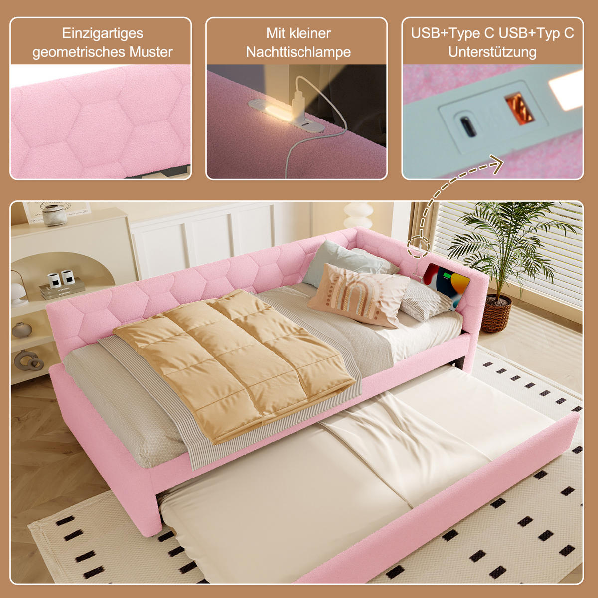 TAGESBETT 90/200 cm Rosa mit Ausziehbett, USB und Typ-C - Rosa, Textil (90/200cm) - MIVRAY