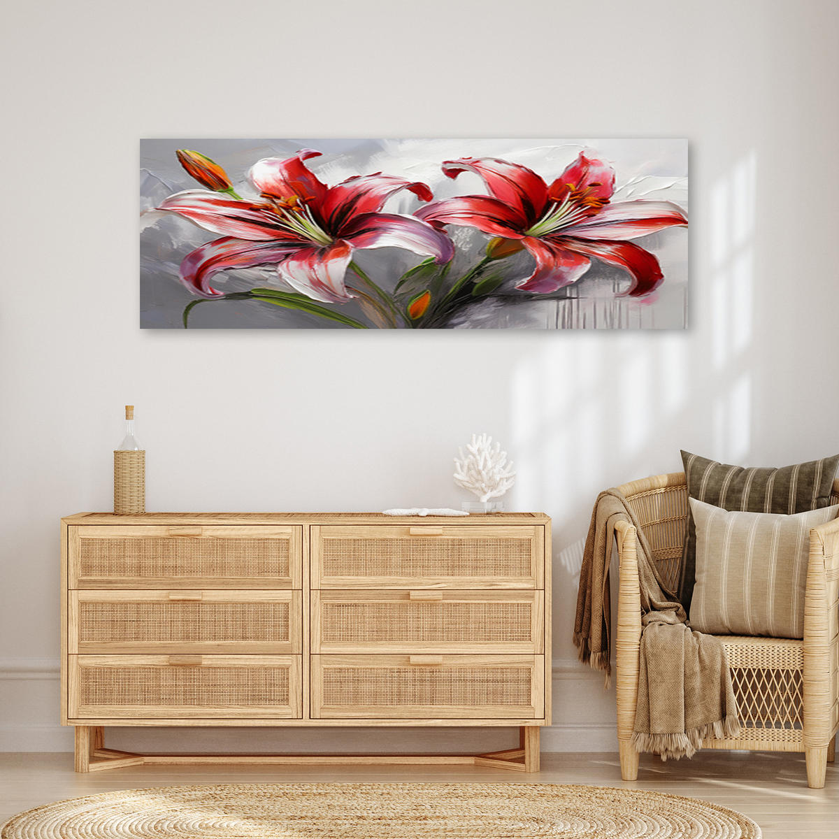 WANDBILD rote lilien gemalte blumen - Rot, Textil (90/30cm) - Feeby