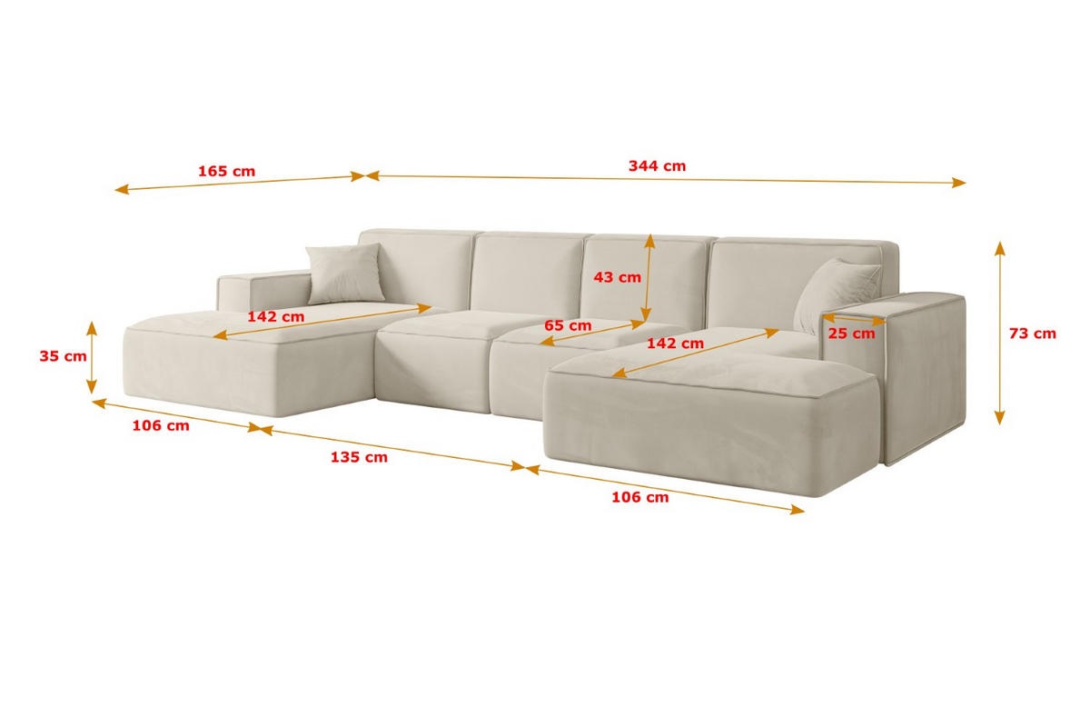 WOHNLANDSCHAFT SIERRA-U - 344x165x73 cm Beige Velours - Beige/Schwarz, Holzwerkstoff/Kunststoff (344/73/165cm) - ALTDECOR