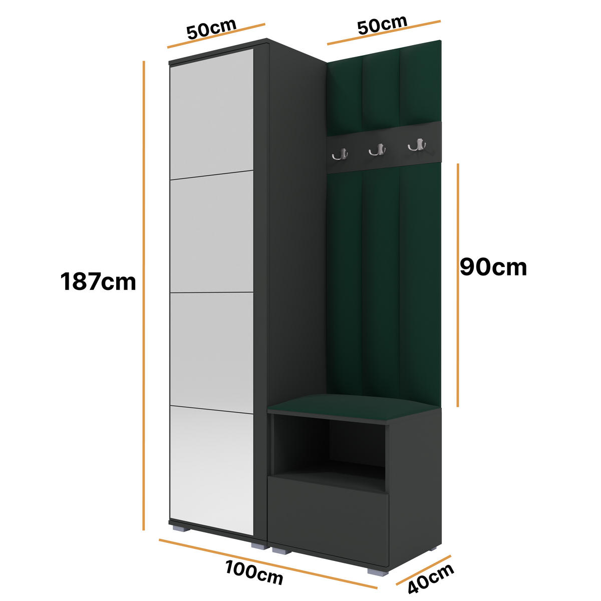 GEPOLSTERT Garderoben-Set Nela I LUX (Spiegel – Farbe Graphit + Stoff Trinity 28) - Dunkelgrün/Silberfarben, Holz/Holzwerkstoff (100/187/40cm) - Ravio