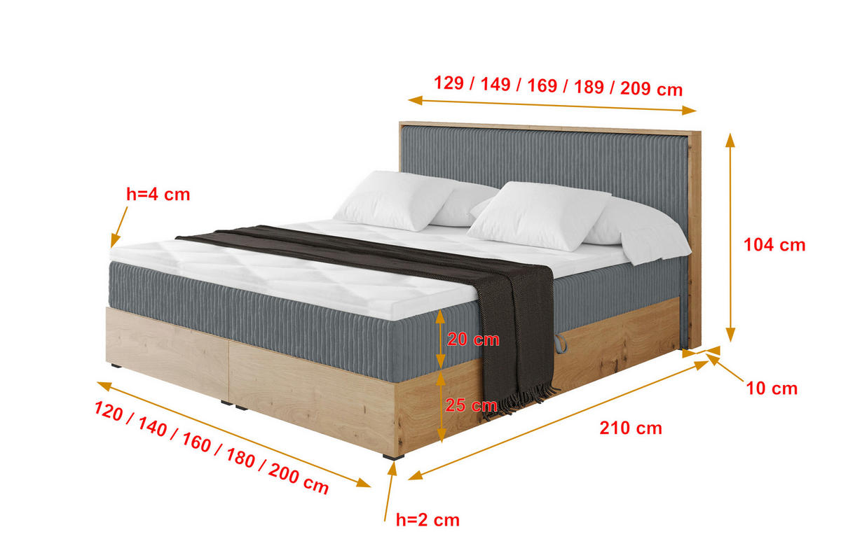 BOXBETT LOLLI9 - 160x200 - H3 Dunkelgrau - Dunkelgrau, Holzwerkstoff (160/200cm) - ALTDECOR
