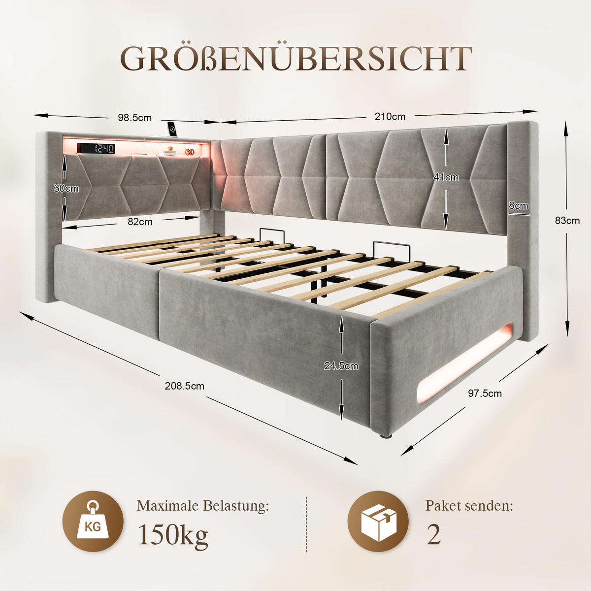 BOXBETT 90/200cm, LED/USB-C, Bettkasten, Lattenrost, Dunkelgrau - Dunkelgrau, Holz/Metall (90/200cm) - LVHOM