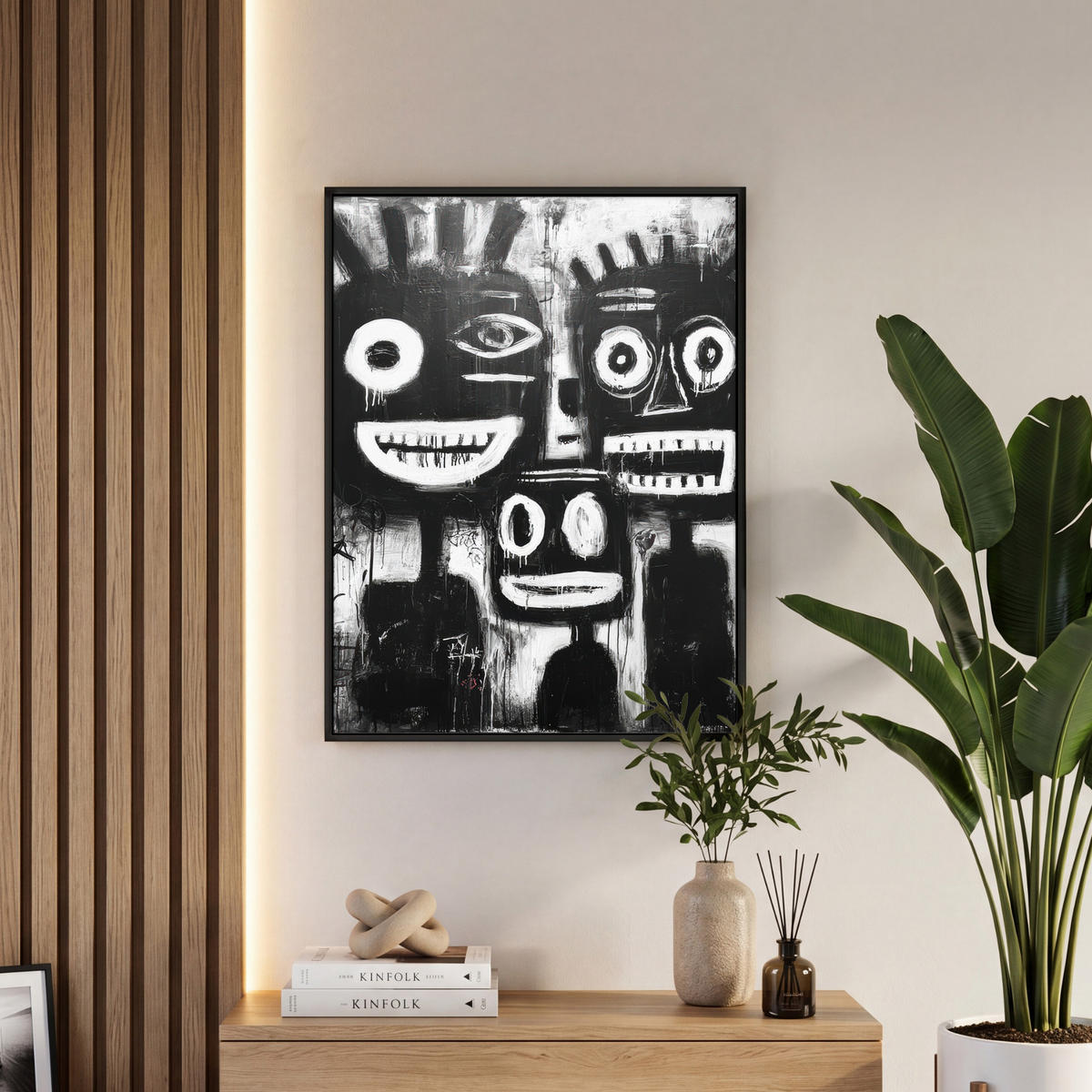LEINWAND Bilder mit Rahmen - Malerei - Figuren - Schwarz - Abstrakt - 50x70 - Schwarz, Textil (50/70cm) - MuchoWow