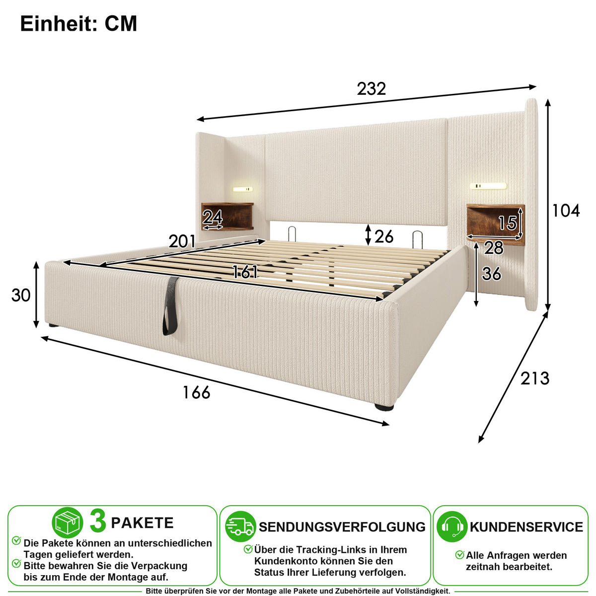 POLSTERBETT 160/200 cm in Beige Cord mit Bettkasten, Leselampe und USB/Type-C - Beige, Holzwerkstoff/Textil (160/200cm) - CHICFURN