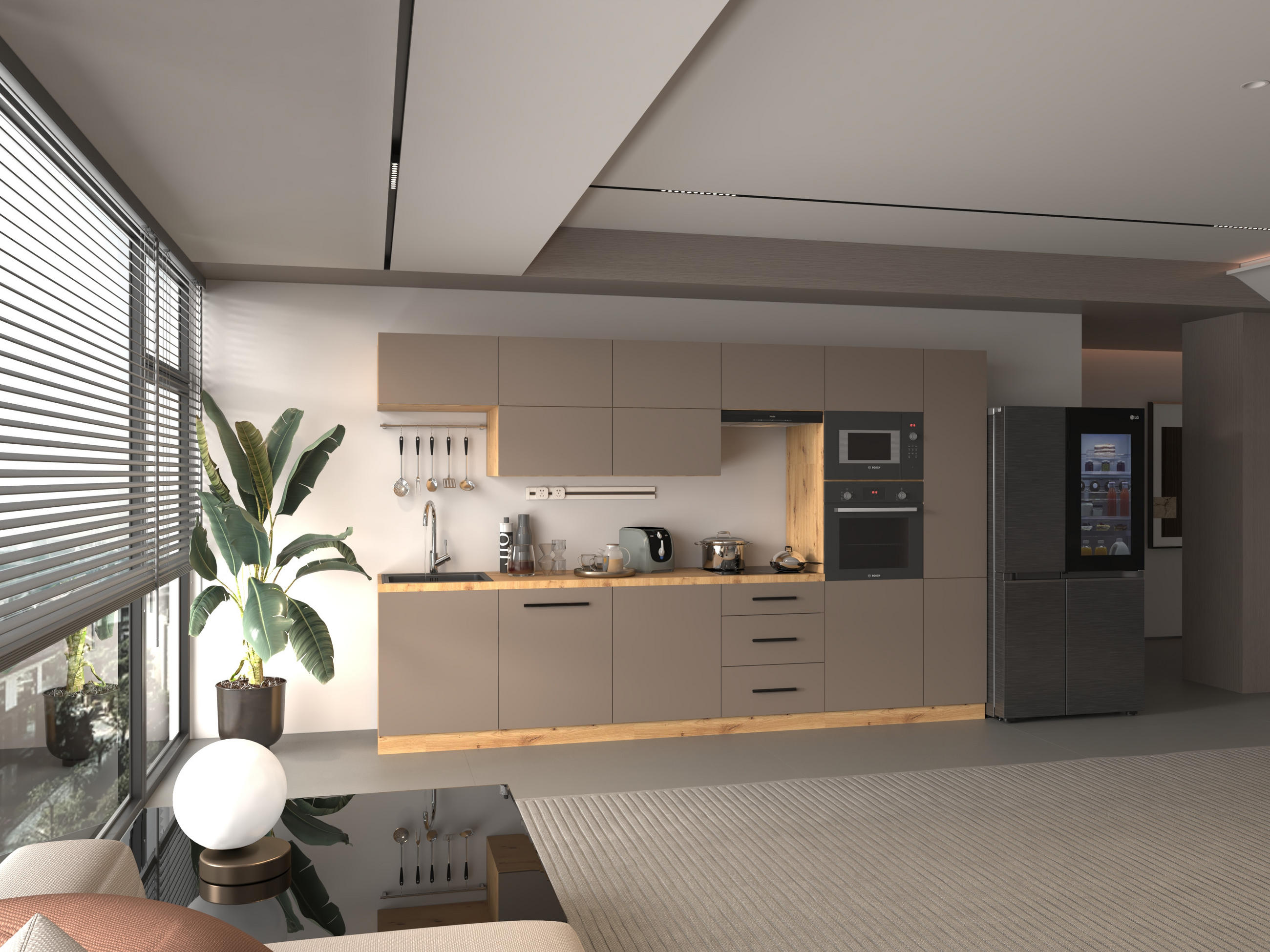 KÜCHENZEILE 240 - Langen KL3-M340 in Beige/Matt - Beige/Schwarz, Holz (340/212/58cm)