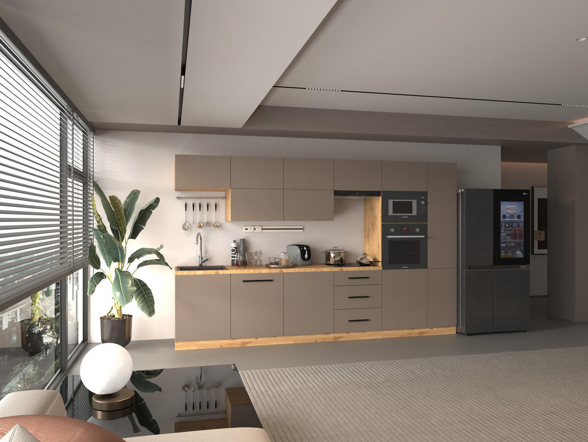 KÜCHENZEILE 240 - Langen KL3-M340 in Beige/Matt - Beige/Schwarz, Holz (340/212/58cm)