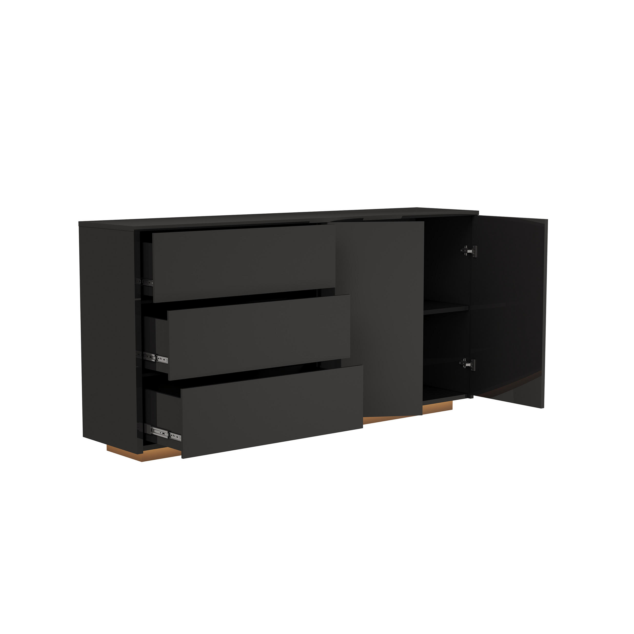 SIDEBOARD Schwarz Hochglanz 160 cm LED Kommode 2 Türen 3 Schubladen Modern - Schwarz, Holz (160/76/35cm)