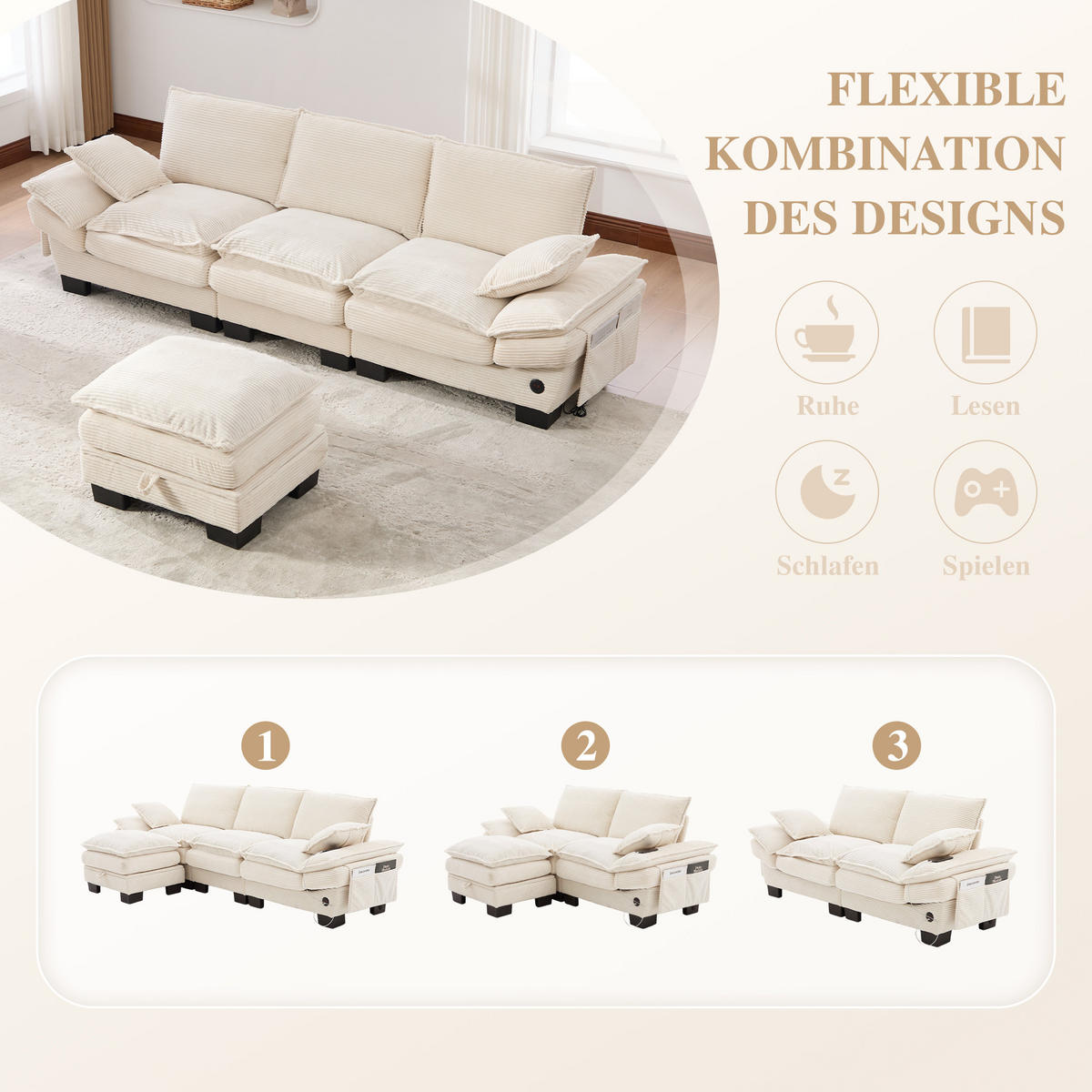 3-SITZER SOFA Cord Beige mit Hocker, USB-C und Seitentaschen - Beige, Holzwerkstoff/Kunststoff (260/132cm) - WISHDOR