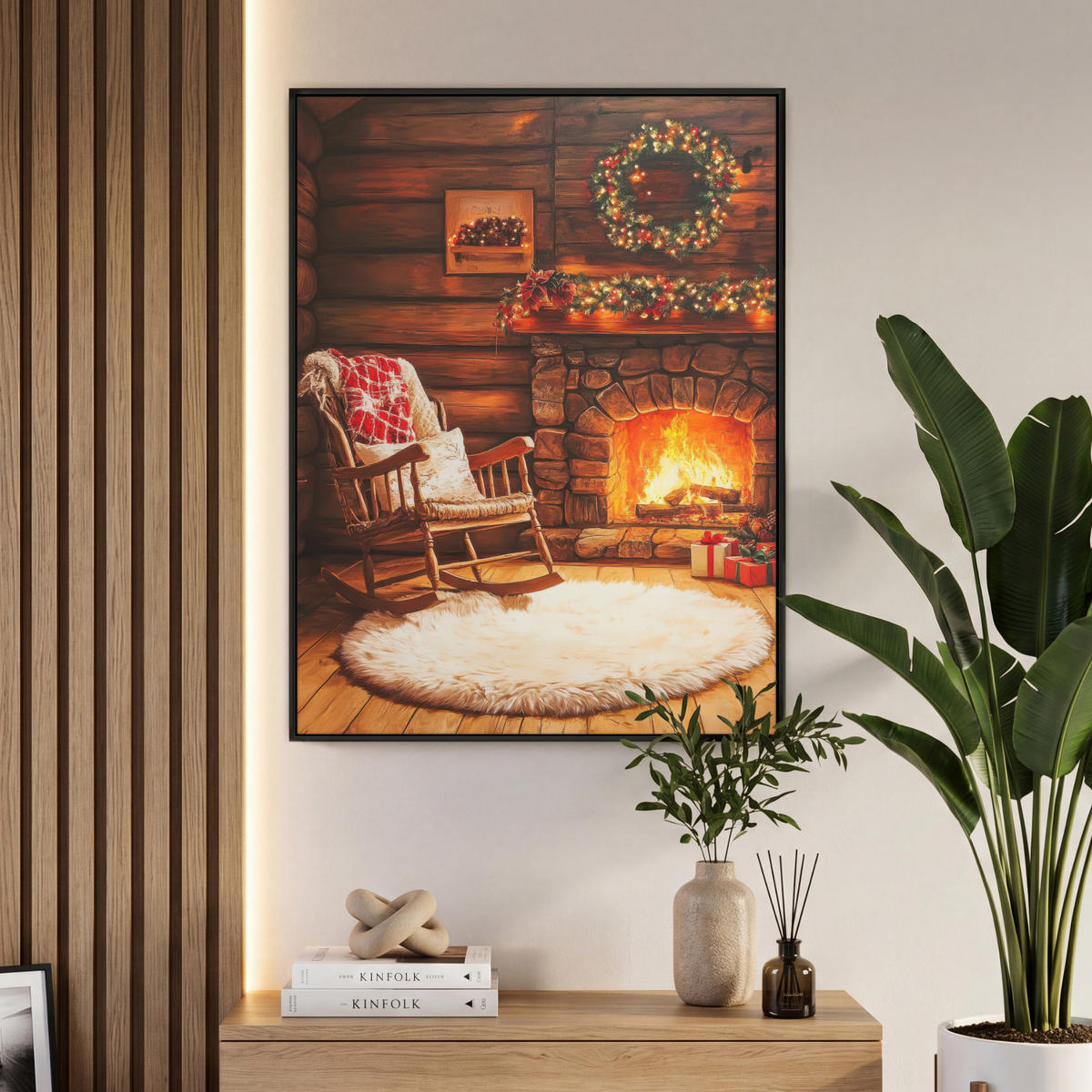 LEINWAND Bilder mit Rahmen - Winter - Weihnachten - Zuhause - Kamin - 70x100 - Bernsteinfarben, Textil (70/100cm) - MuchoWow