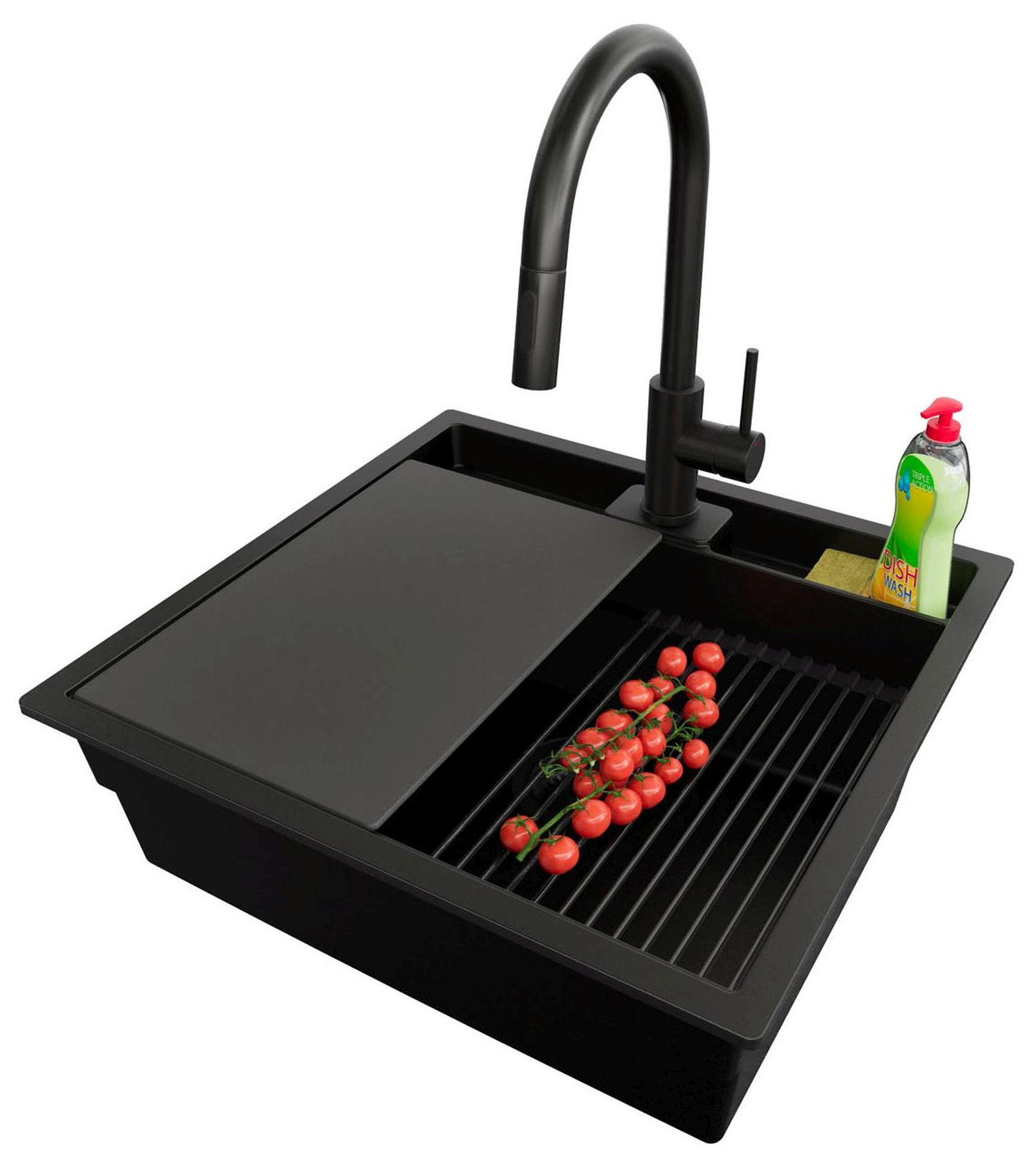 GRANITSPÜLE Bergen Pocket, 2-er set Alles Schwarz 56/54 cm 1 Becken + Küchenarmatur 40/20 cm + Ablauf-Set + Küchenzubehörset ab 60er Unterschrank - Schwarz, Kunststoff (56/20/54cm) - Primagran