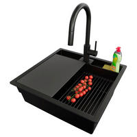 GRANITSPÜLE Bergen Pocket, 2-er set Alles Schwarz 56/54 cm 1 Becken + Küchenarmatur 40/20 cm + Ablauf-Set + Küchenzubehörset ab 60er Unterschrank - Schwarz, Kunststoff (56/20/54cm) - Primagran