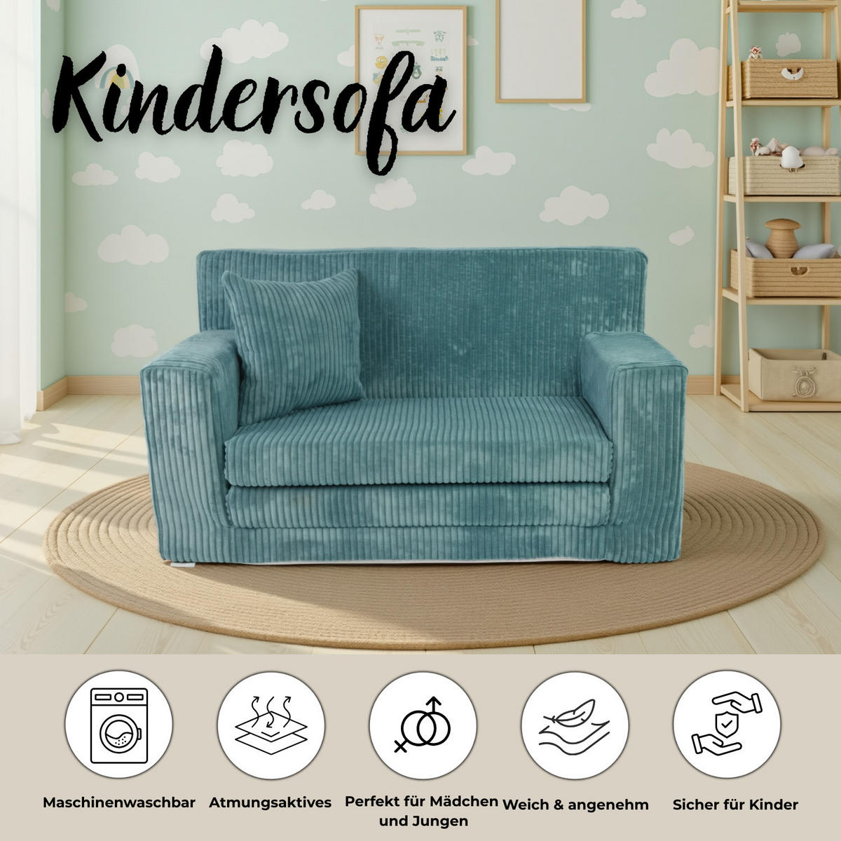 KINDERSOFA aus Kuschel-Cord in Türkis - Türkis, Textil (83/47/43cm) - Fortisline