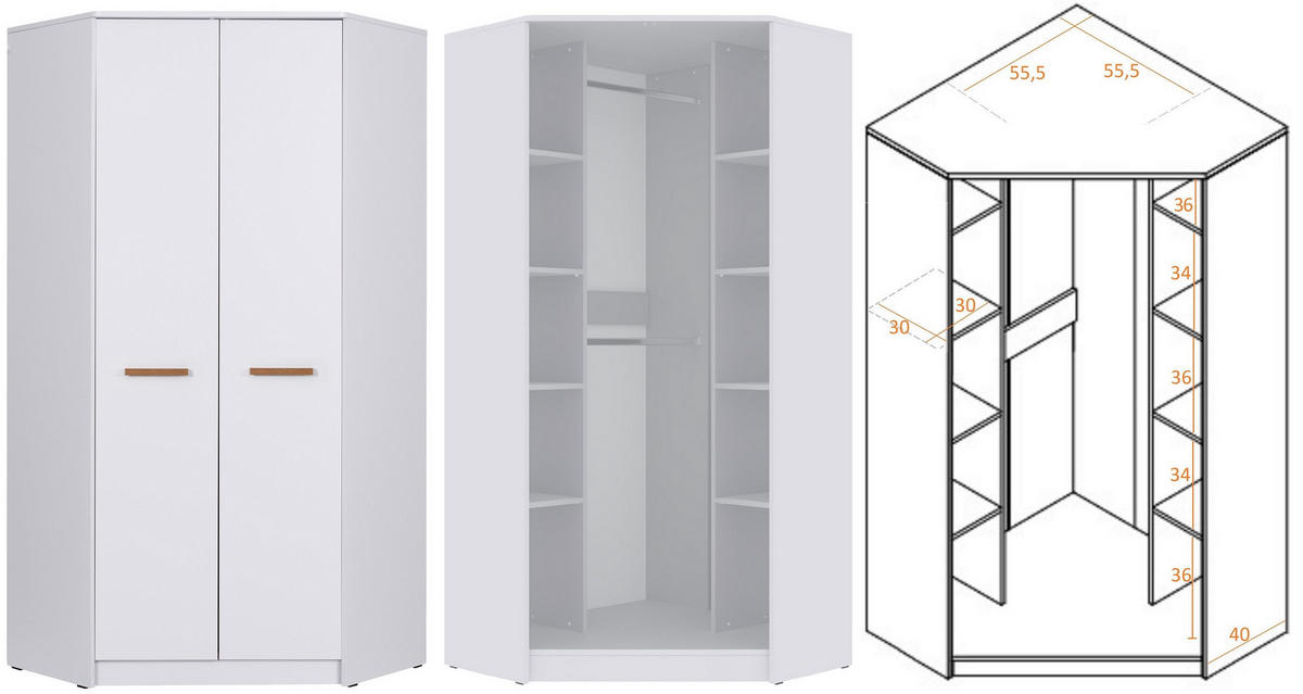 ECKKLEIDERSCHRANK REGAL GRANT SET 12/B WEIß 143/235/91 - Weiß, Holzwerkstoff (143/235/91cm) - Marmex Möbel
