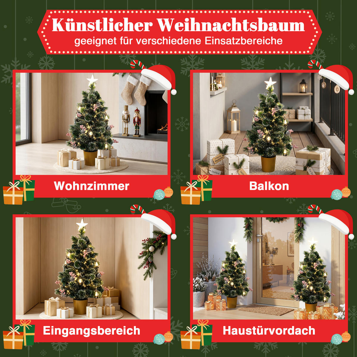 GLASFASER Weihnachtsbaum 95 cm mit LED & Mini-Laternen - Grün, Kunststoff (95cm) - Hometopia
