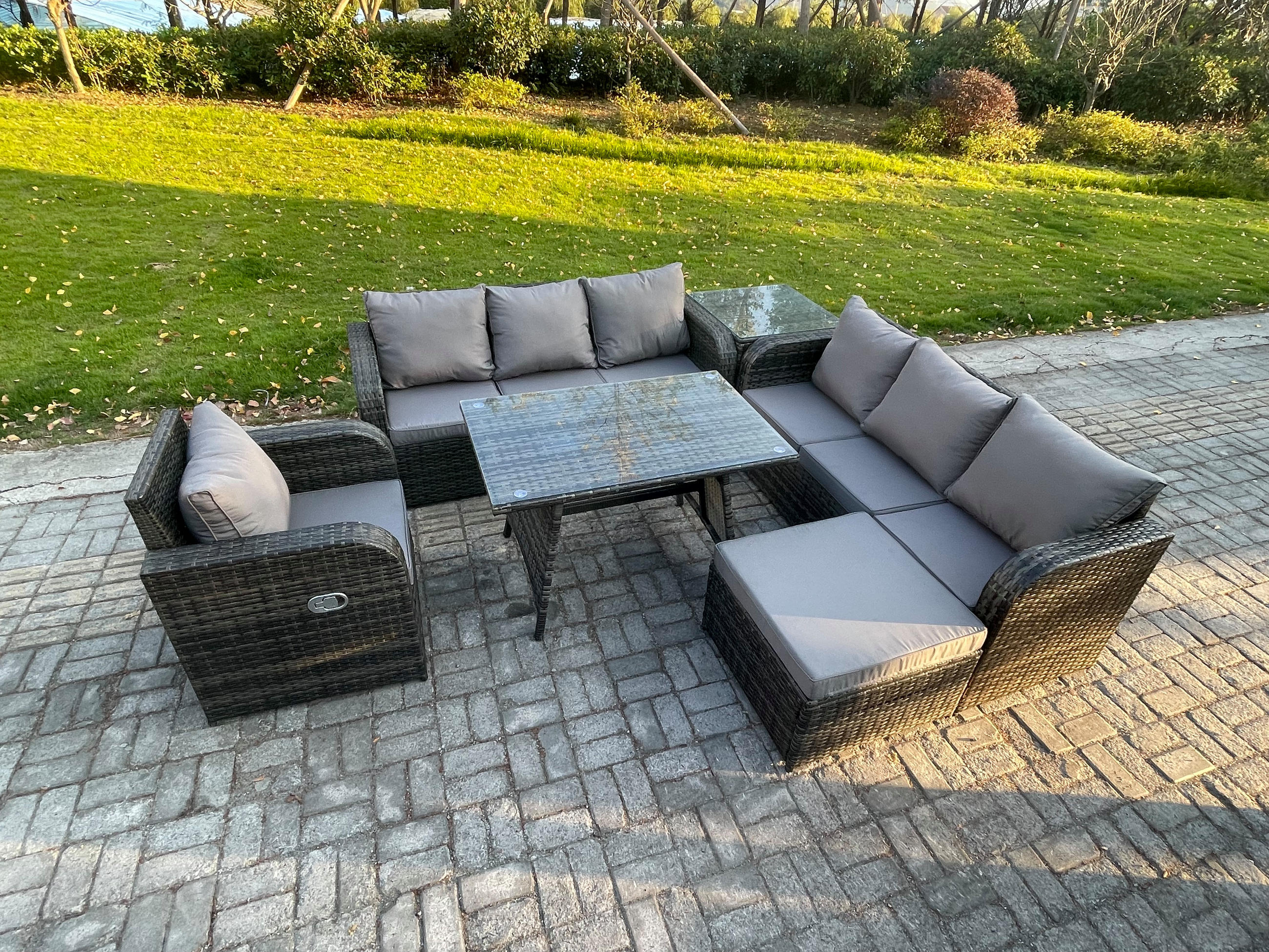 GARTENSET Hohe Rückenlehne Polyrattan 8-Sitzer - Dunkelgrau/Grau, Glas/Kunststoff - Fimous
