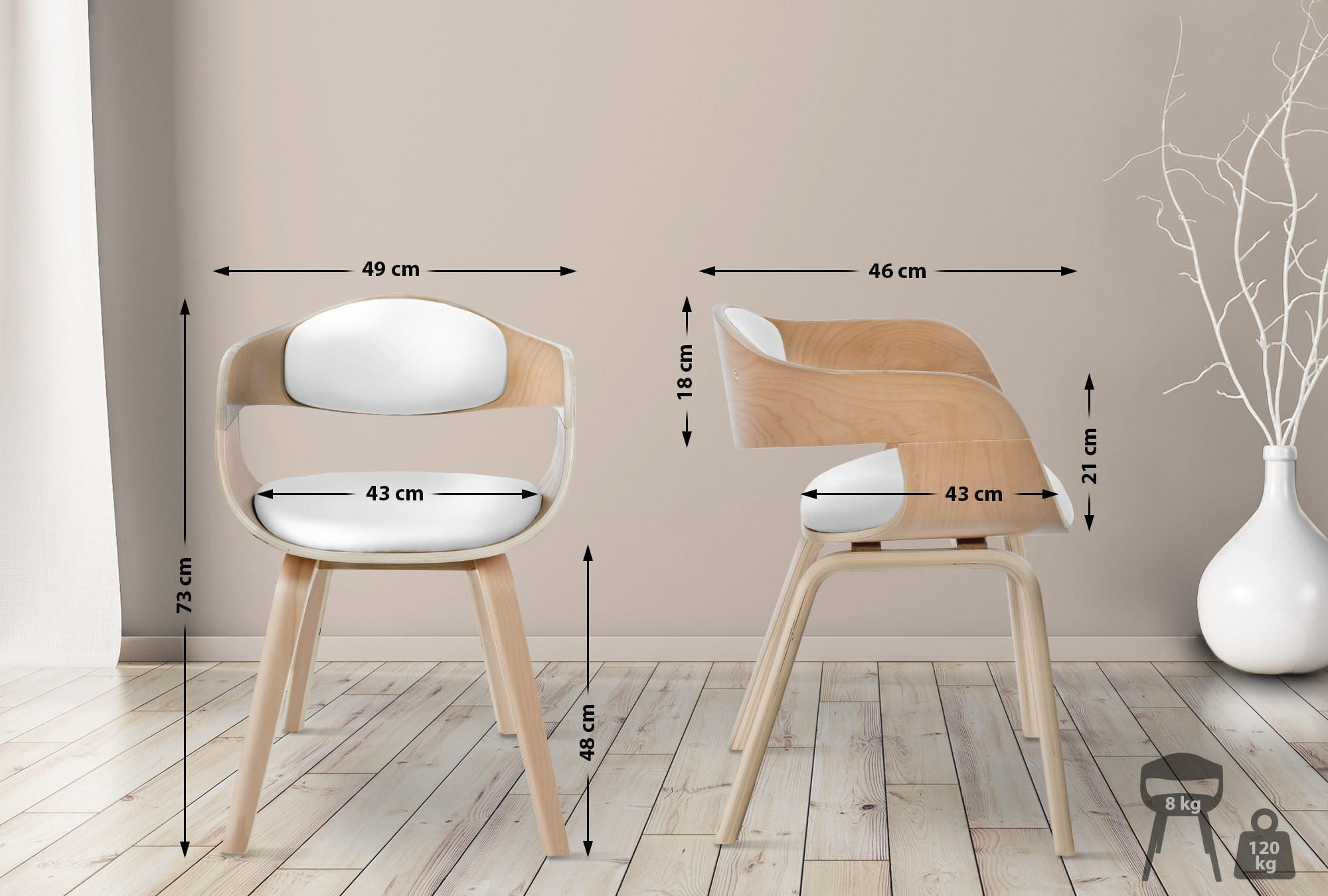 ARMLEHNENSTUHL 2er Set Lederlook Natura/Weiß - Eukalyptusholzfarben/Weiß, Holz/Textil (49/73/46cm) - CLP