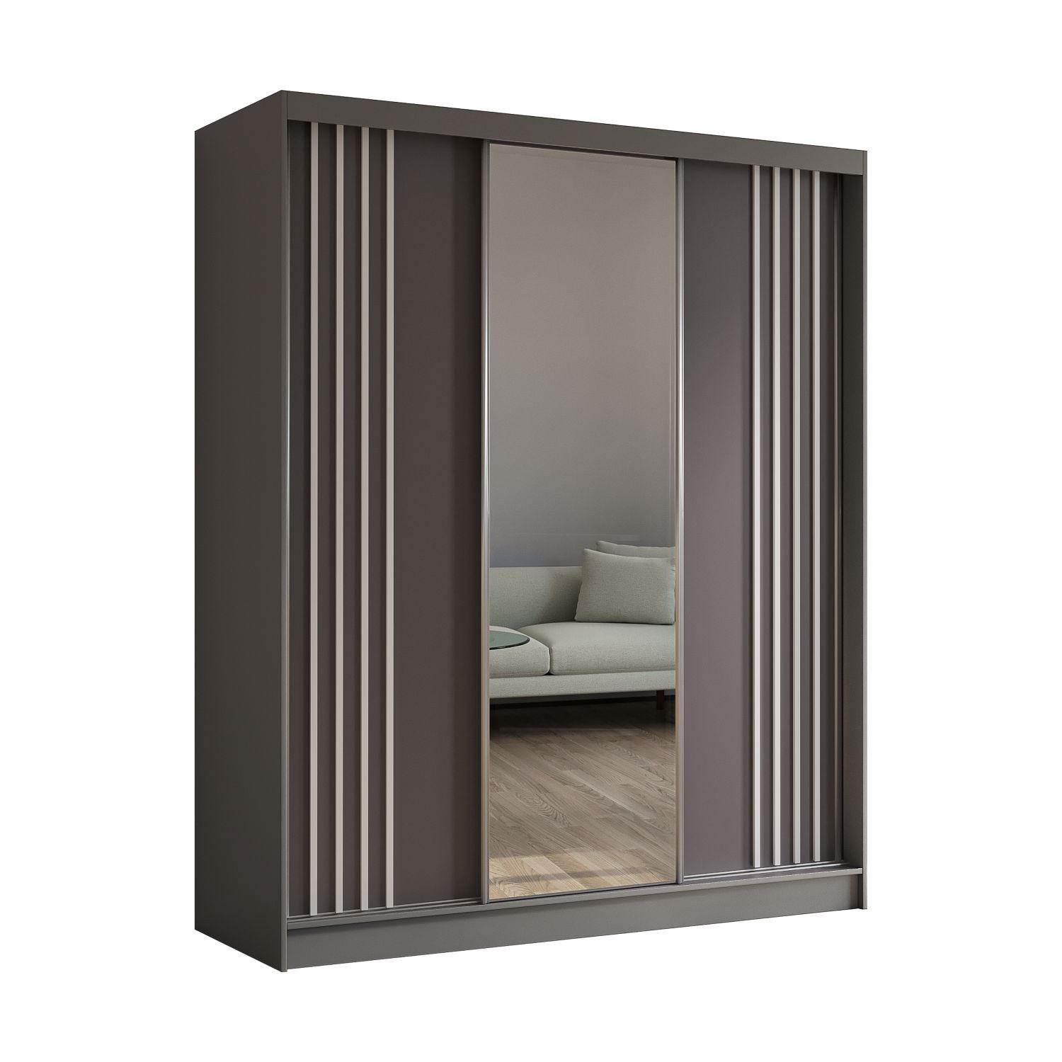 SCHWEBETÜRENSCHRANK Neli 180 cm mit Lamellen und Spiegel 3-türig, grau, grau, Lamelle weiß - Weiß/Grau, Kunststoff (180/216/61cm) - Margaret Hadas24
