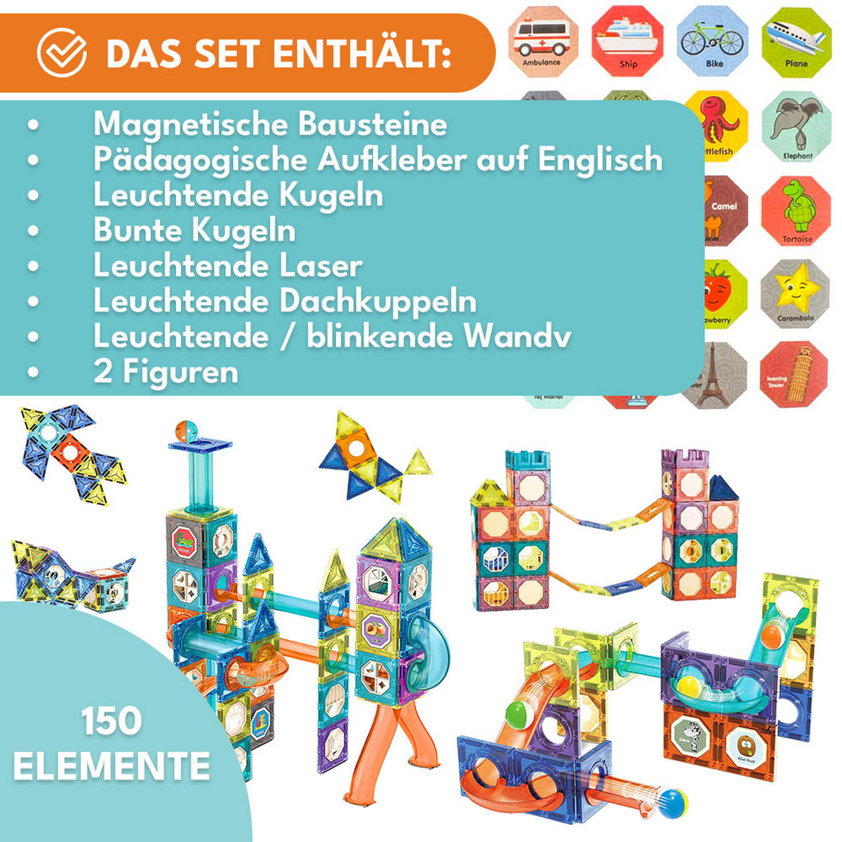 MAGNETISCHE BAUSTEINE 150 Teile - Dunkelgelb/Multicolor, Kunststoff (5/5cm) - KRUMAD